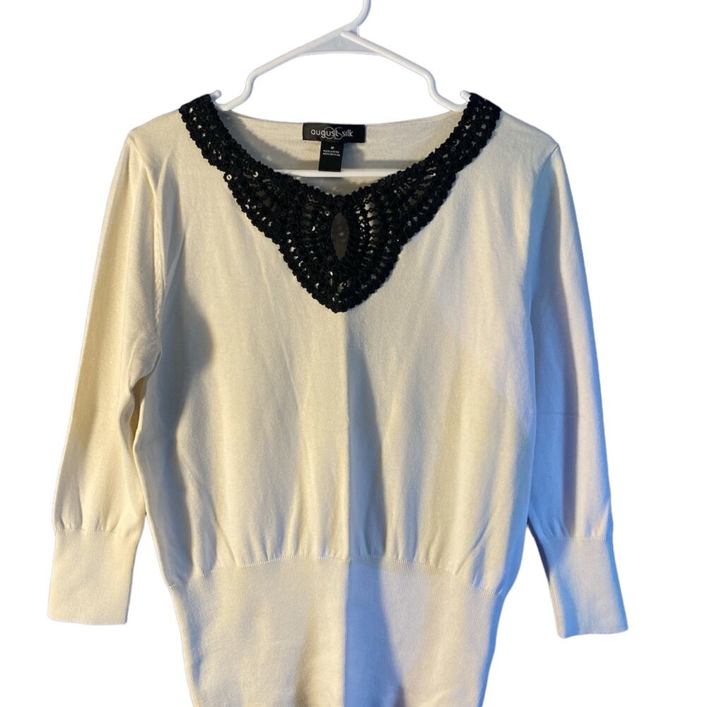 August Silk White Sweater Crochet Sequin Collar Womens Size Medium